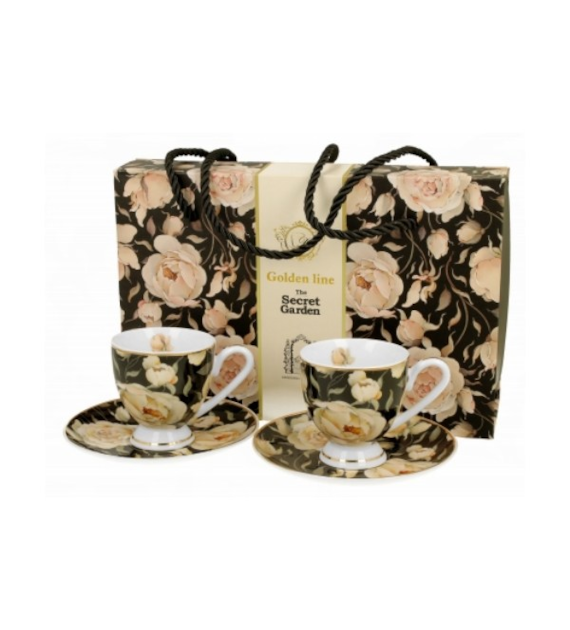 DUO-KPL. FILIŻANEK 2+2 ZE SPODKAMI ESPRESSO *ENGLISH ROSES BLACK* GOLDEN LINE