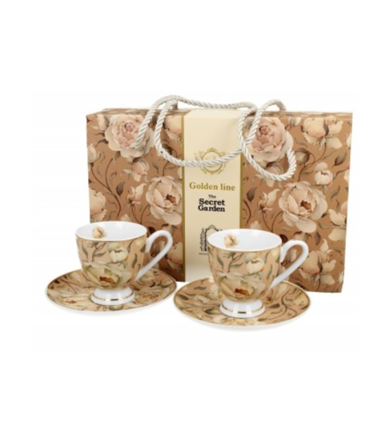 DUO-KPL. FILIŻANEK 2+2 ZE SPODKAMI ESPRESSO *ENGLISH ROSES CREAM* GOLDEN LINE