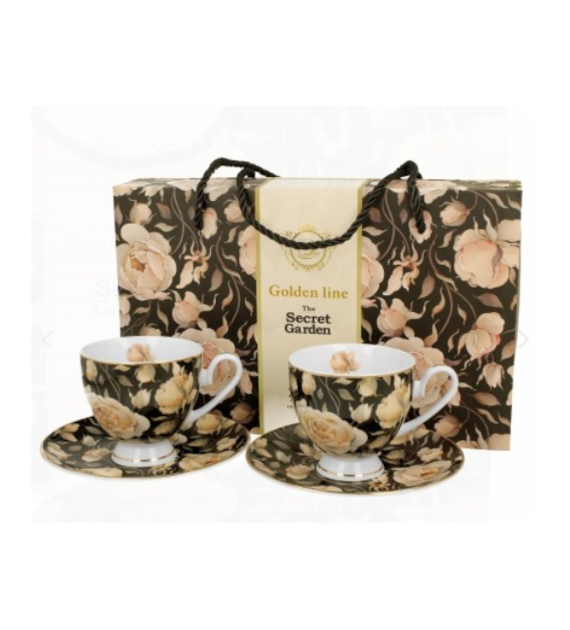 DUO-KPL. FILIŻANEK 2+2 ZE SPODKAMI *ENGLISH ROSES BLACK* GOLDEN LINE