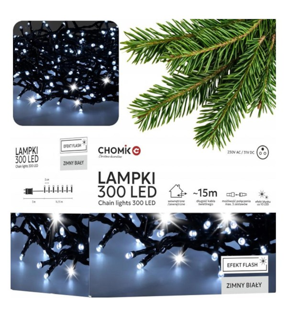 CH-LAMPKI CHOINKOWE LED 300L ZIMNY BIAŁY 3+15M 9546