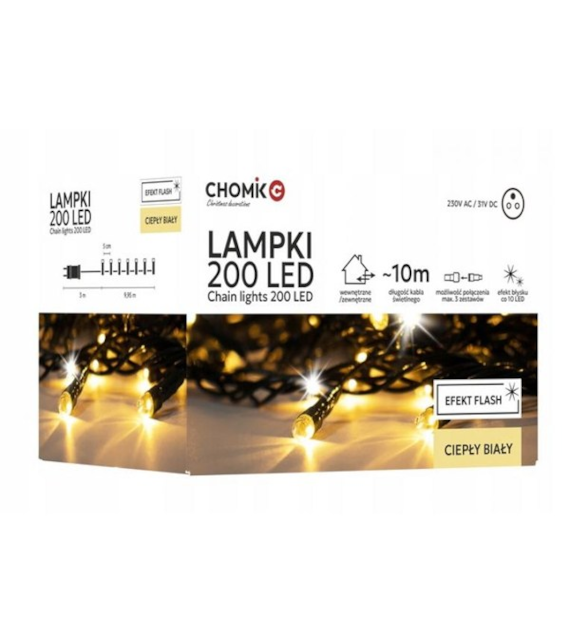 CH-LAMPKI CHOINKOWE LED 200L CIEPŁY BIAŁY 3+10M 9478